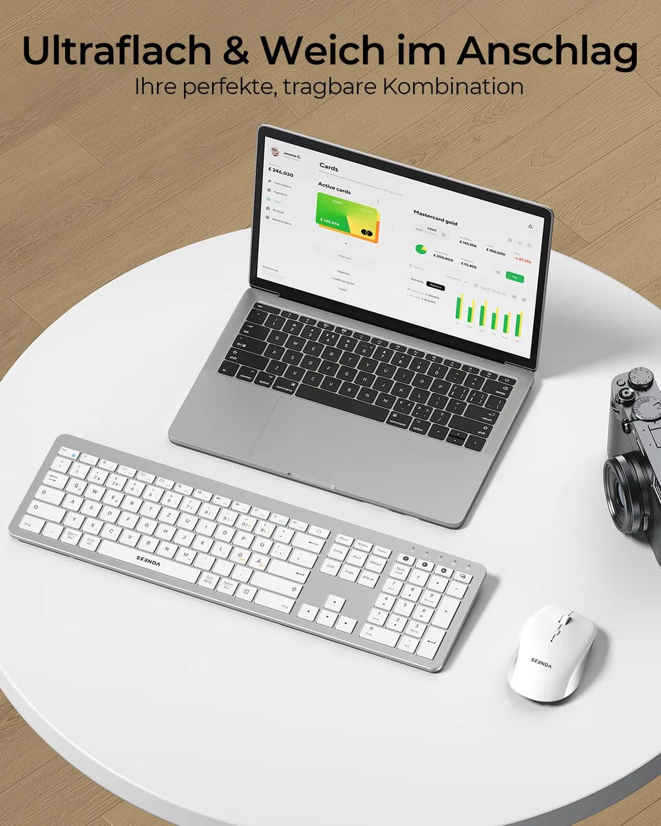 Seenda COE300 Tastatur Maus Set Kabellos, Dual-Bluetooth + 2,4 GHz USB, Ultra-Dünne Bluetooth Tastatur mit Maus für Windows, Mac OS, Laptops, iPads und Tablets, QWERTZ Layout Weiß und Silber