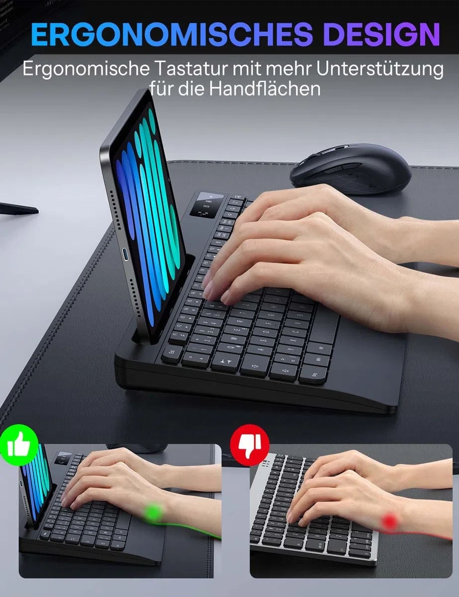 Tastatur Maus Set Kabellos - Funk Tastatur Ergonomische mit Handgelenkauflage, QWERTZ Leise, Kabellos Maus und Tastatur, 2,4GHz Wireless Keyboard and Mouse für Windows Computer, Laptop, PC