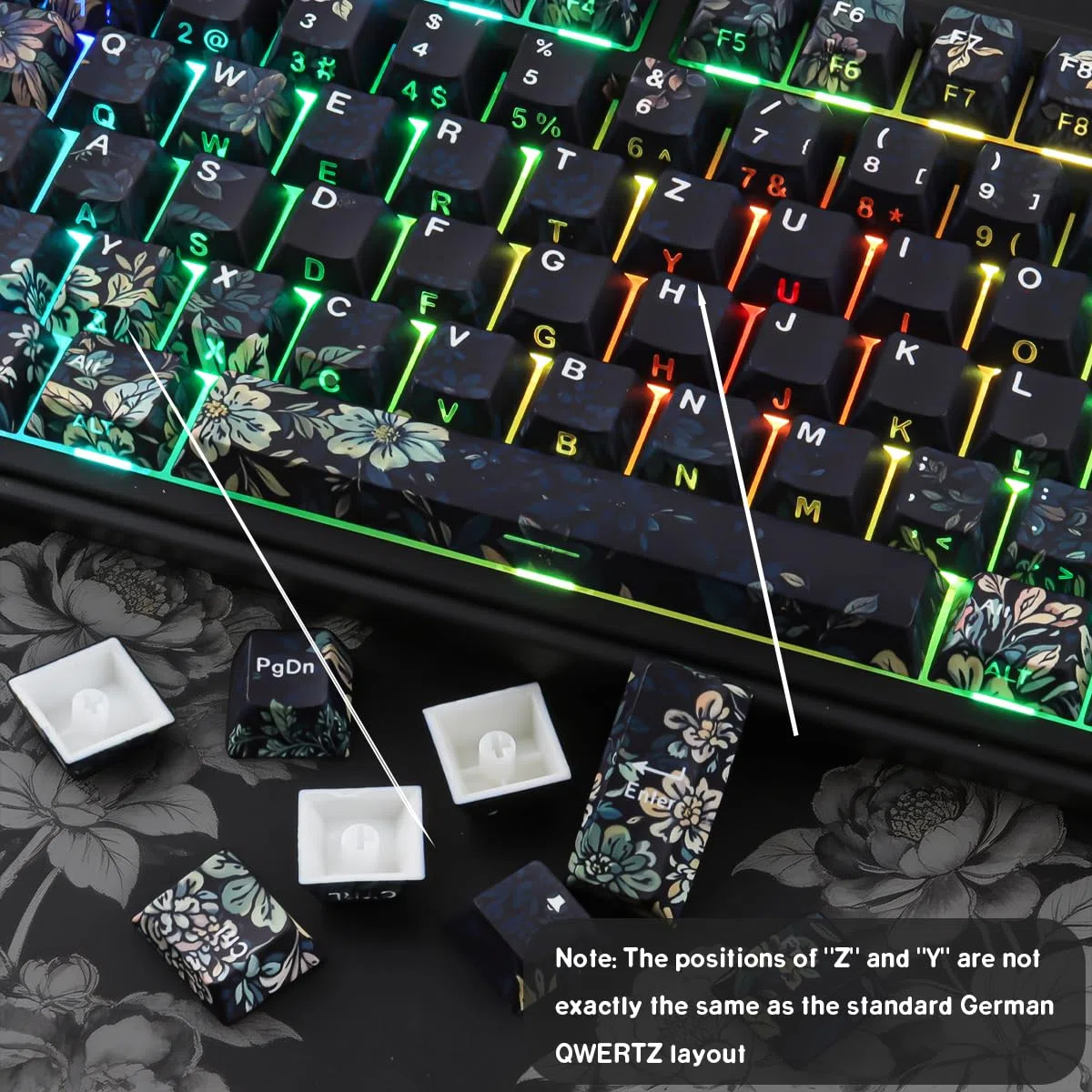 PBT German Keycaps, 133 Keys Faint Fragrance Double Shot Keycaps Dye-Sub Cherry Profile Side Printed Shine Through Keycap for Cherry MX Switch ISO QWERTZ Layout Mechanical Keyboards