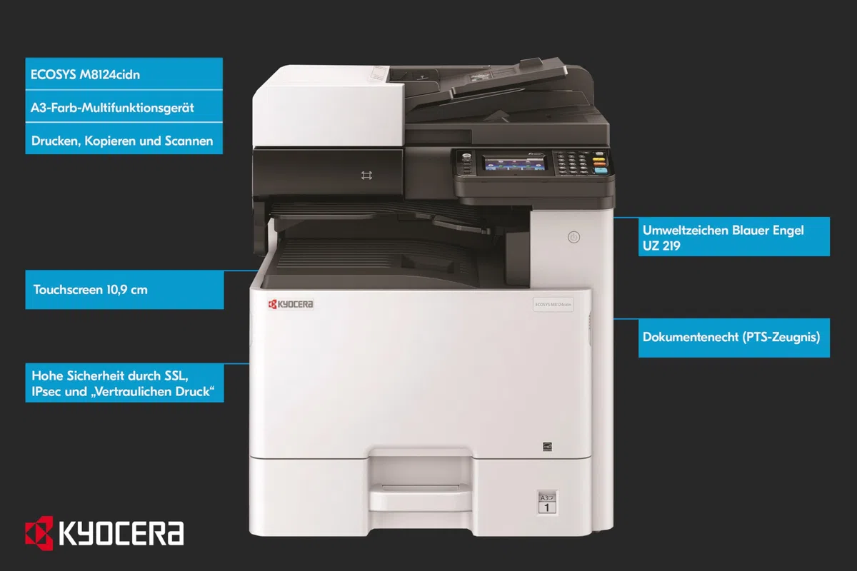 Kyocera Ecosys M8124cidn Farblaserdrucker Multifunktionsgerät: Drucker Scanner Kopierer, 24 Seiten pro Minute. Din A3 Drucker inkl. Mobile-Print-Unterstützung für Smartphone und Tablet