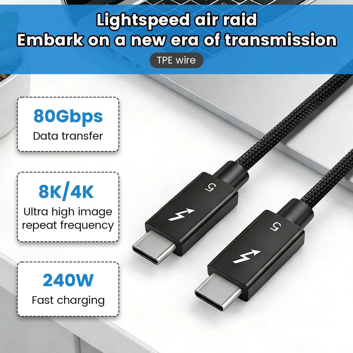 Thunderbolt 5 Kabel, [Intel-zertifiziert] 80Gbps Thunderbolt 5 Kabel mit 240W Schnellladen, 16K/8K Display, bis zu 120Gbps Videobandbreite für für MacBook, Laptop, Monitor, Dockingstation(0,5m)