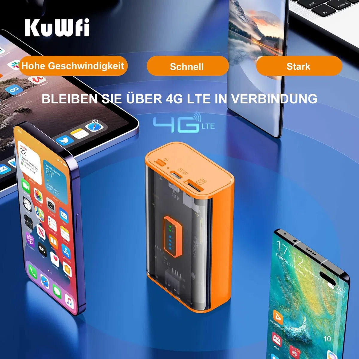 KuWFi Mobiler 4G LTE WLAN Router (4G/LTE bis zu 150Mbit/s Download/ 50Mbit/s Upload,Tragbarer Hotspot, 5200mAh Akku, kompatibel mit Allen europäischen SIM Karten),Plug & Play, für Reisen & Haushalt