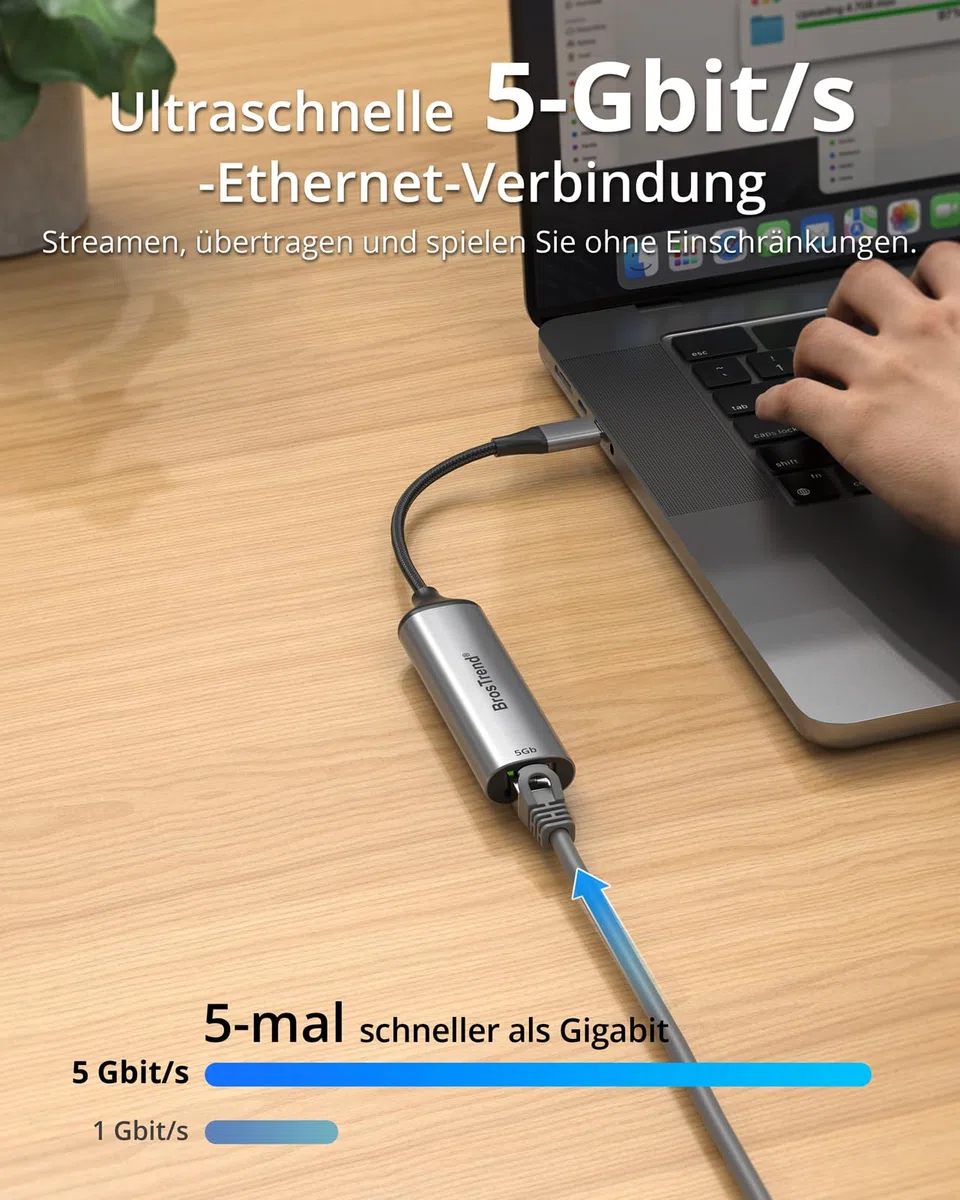 BrosTrend 5Gbps USB C LAN Adapter, 5000Mbit/s USB Ethernet Adapter Netzwerkadapter Plug-and-Play für Windows, MacOS iOS, Linux etc. kompatibel mit PC, MacBook iPad (Thunderbolt 5/4/3), Lifetime-Schutz