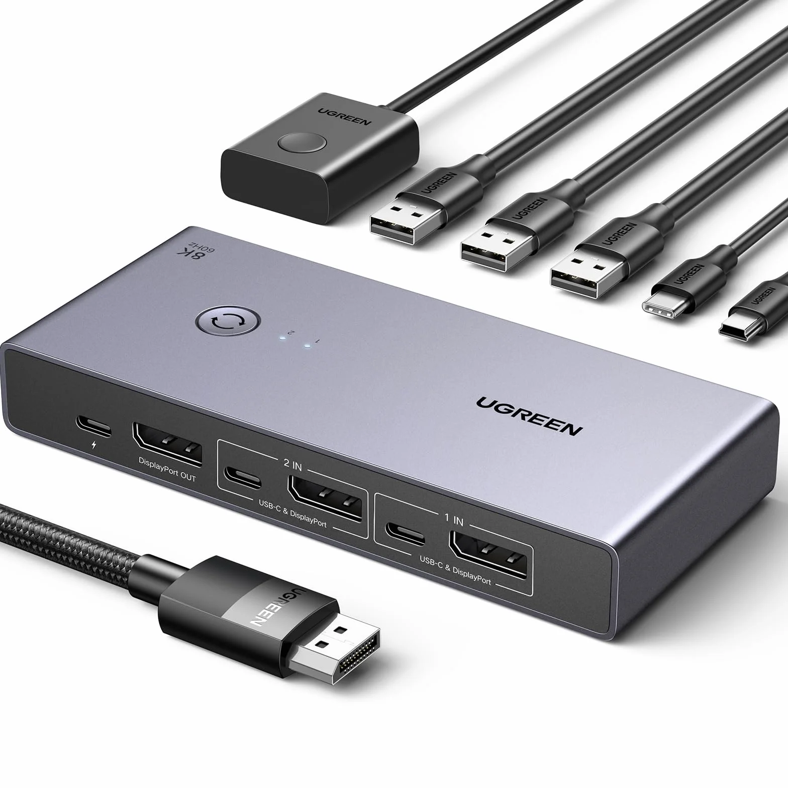 UGREEN Displayport KVM Switch 8K@60Hz, DP 1.4 mit 4 USB 3.0 Ports Unterstützt 8K@60Hz 4K@240Hz Share 1 Monitor Tastatur Maus U-Disk Drucker, mit 2 DP Kabeln, 2 USB A zu C Kabeln