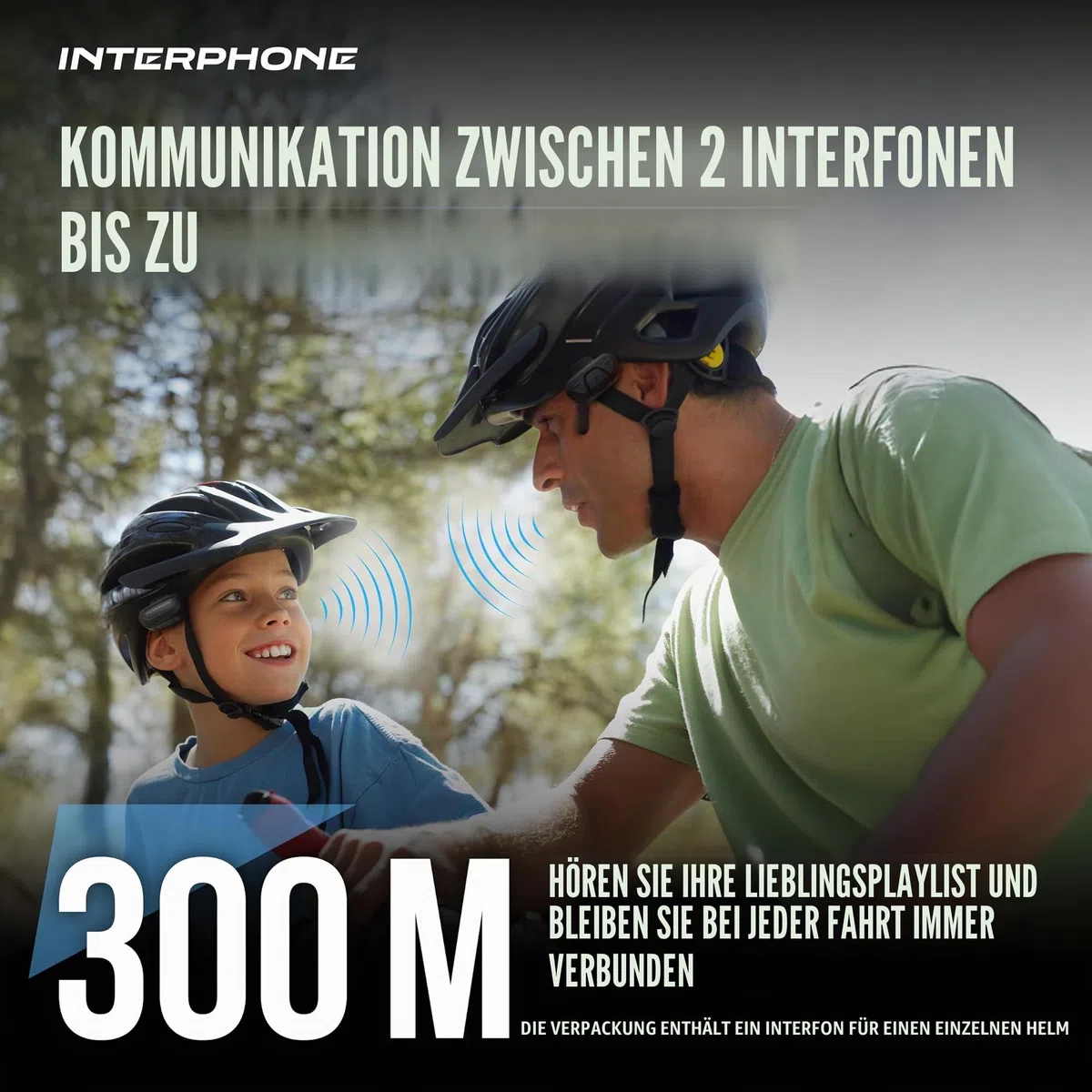 INTERPHONE Aerial Dual-Fahrrad-Gegensprechanlage für die Kommunikation zwischen 2 Fahrern bis zu 300 m, Gegensprechanlage für Fahrradhelm mit Bluetooth für GPS, Musik und Anrufe, wasserdicht und mit