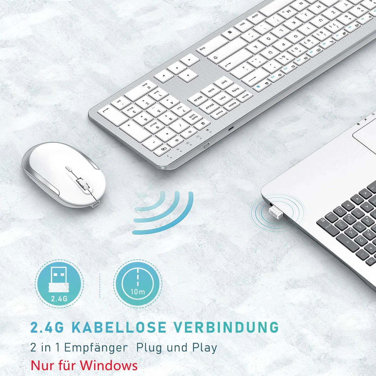 Tastatur Maus Set Kabellos, seenda SK38-3 Ultra-Dünne Wiederaufladbare Funktastatur, Ergonomische Keyboard Mouse mit Silikon Staubschutz für PC/Laptop/Smart TV, QWERTZ Layout (Weiß und Silber)