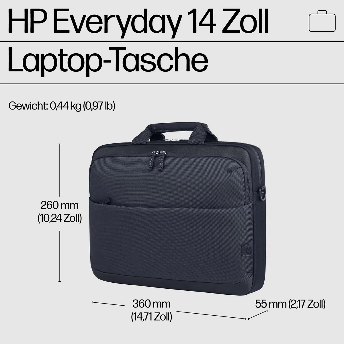 HP Everyday 14 Zoll Laptop-Tasche – Wasserabweisend, Nachhaltig, 9L Stauraum, Gepolstertes Laptopfach, Abnehmbarer Schultergurt, Trolley-Gurt, Schlüsselanhänger, Odyssey Grau