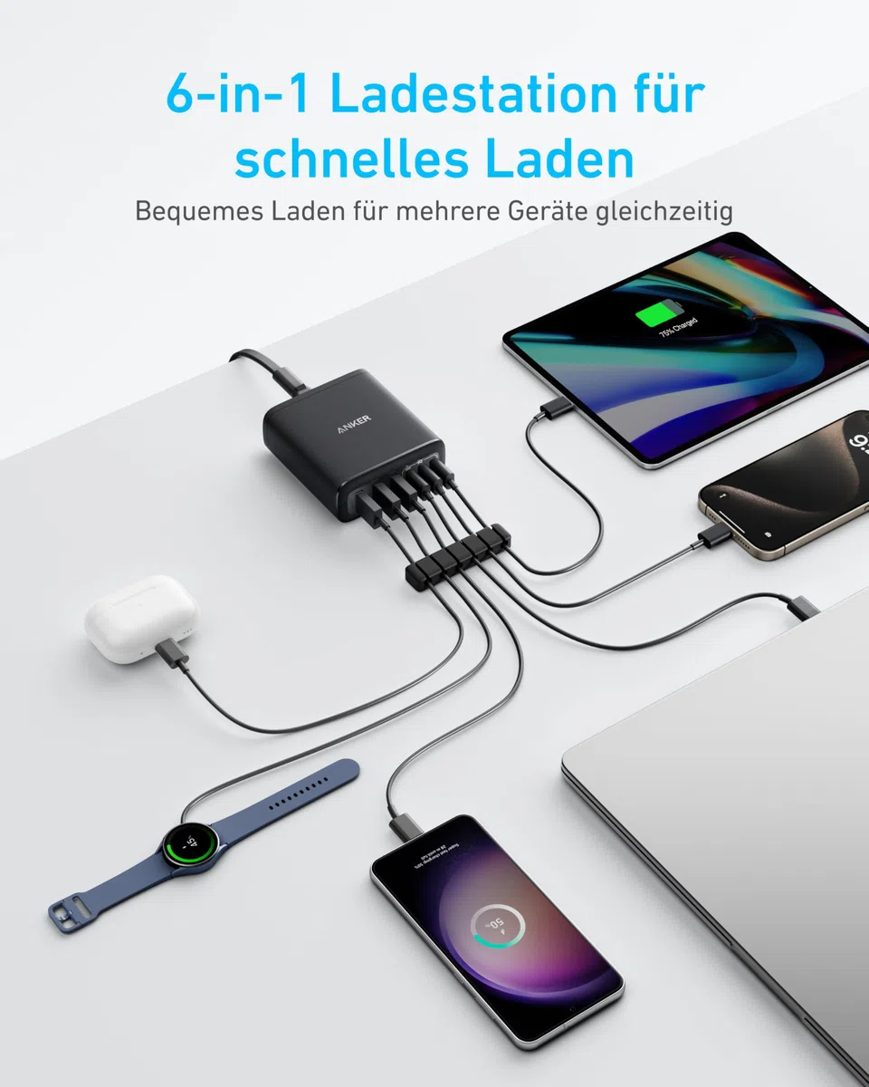 Anker 112W USB C Ladegerät, 6 Port Ladestation mit 112W Ausgang Leistung, Für iPhone 17/16/15 Series, MacBook Air, Pixel, Galaxy, iPad, und mehr (Ohne Ladekabel)
