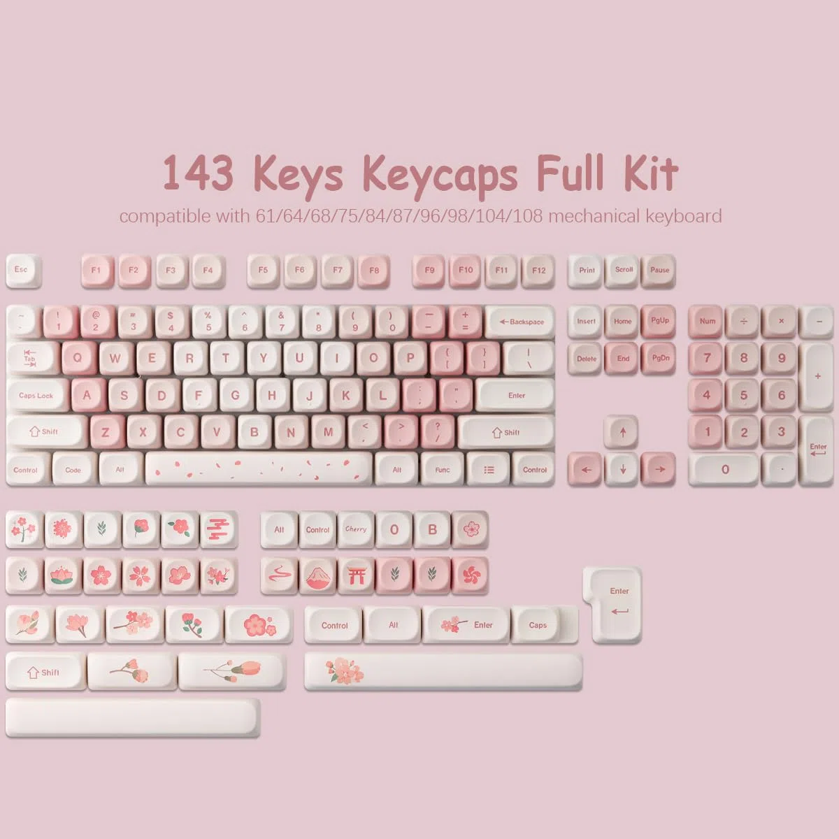 Sunzit PBT Pink Keycaps,143 Tasten Cute MOA Profile Dye Sublimation Custom Keycap Set für Cherry MX Switches ISO/ANSI UK Layout 104/87/74/61 60 Mechanische Gaming Tastatur