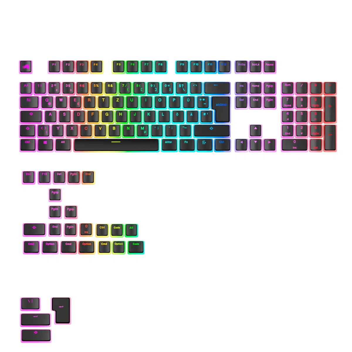 GLORIOUS Gaming - GPBT Aura RGB : Pudding-Style-, Double-Shot PBT, lichtdurchlässig, für mechanische 100%-, 75%-, 65%- und 60%-Spezialtastaturen, Schwarz - Deutsche QWERTZ-Belegung