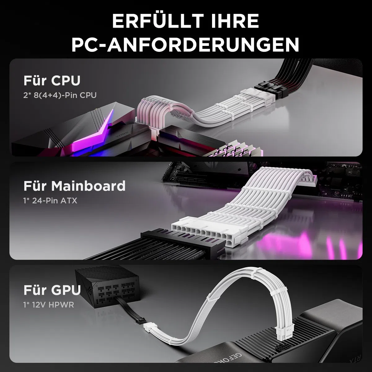 AsiaHorse PCIE 5.0 12VHPWR PSU Kabelverlängerung Kit [16AWG] Stromversorgungskabel Verlängerung-1x 24 Pin ATX /2x 8Pin (4+4) EPS für CPU / 1x16(12+4) Pin 12VHPWR Kabel für GPU 4090/5070/5080/5090 30CM
