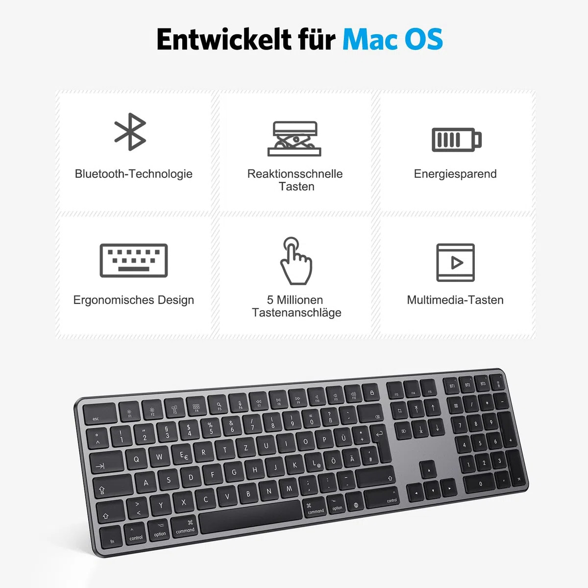 OMOTON Bluetooth Mac Tastatur, Wiederaufladbar Kabellos Tastatur mit QWERTZ DE-Layout, 3 Bluetooth-Kanäle, für MacBook Air, MacBook, iMac, iMac Pro, Mac mini, Vollformat mit Ziffernblock
