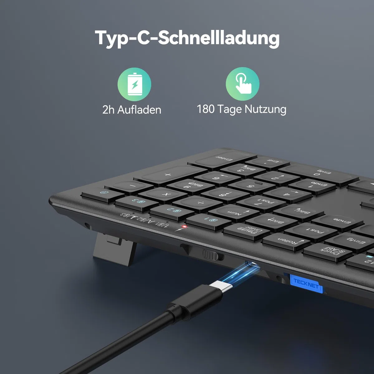 TECKNET Bluetooth Tastatur Kabellose, Wiederaufladbare Multi-Device Flach Keyboard mit Einfacher bis zu 4 Geräte, Ultraflache, Deutsches Layout (QWERTZ), für Mac, Windows, iOS, Chrome OS Schwarz