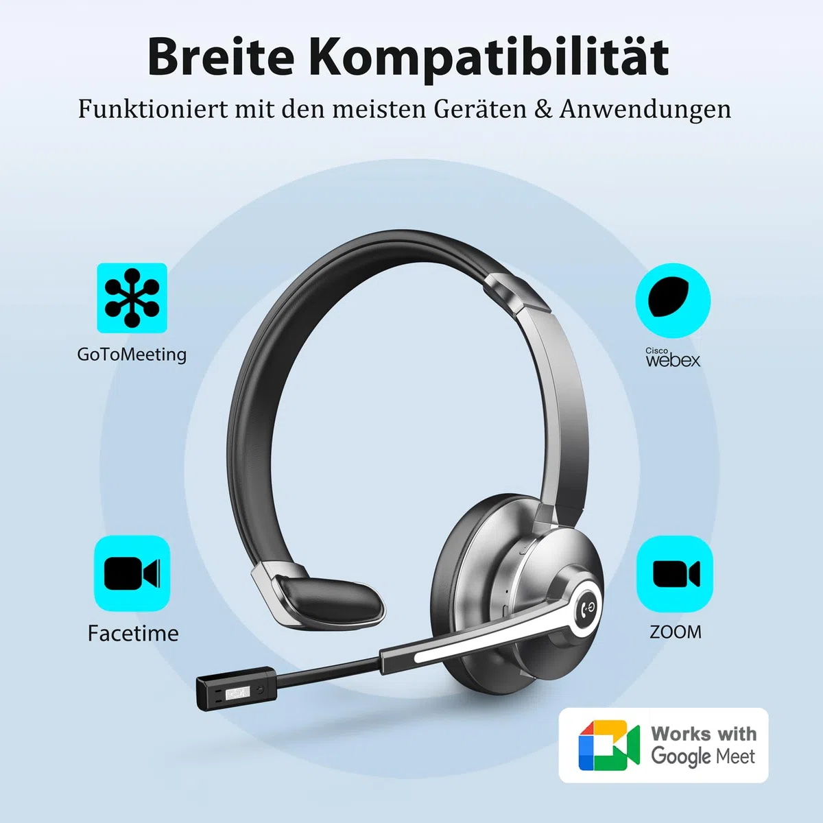 Bluetooth Headset mit Mikrofon，Kabelloses Headset mit USB Dongle & Ladestation, Wireless Office Headset mit Stummschaltung & Rauschunterdrückung Mikrofon für Computer/Call Center/Büro/HomeOffice/Teams
