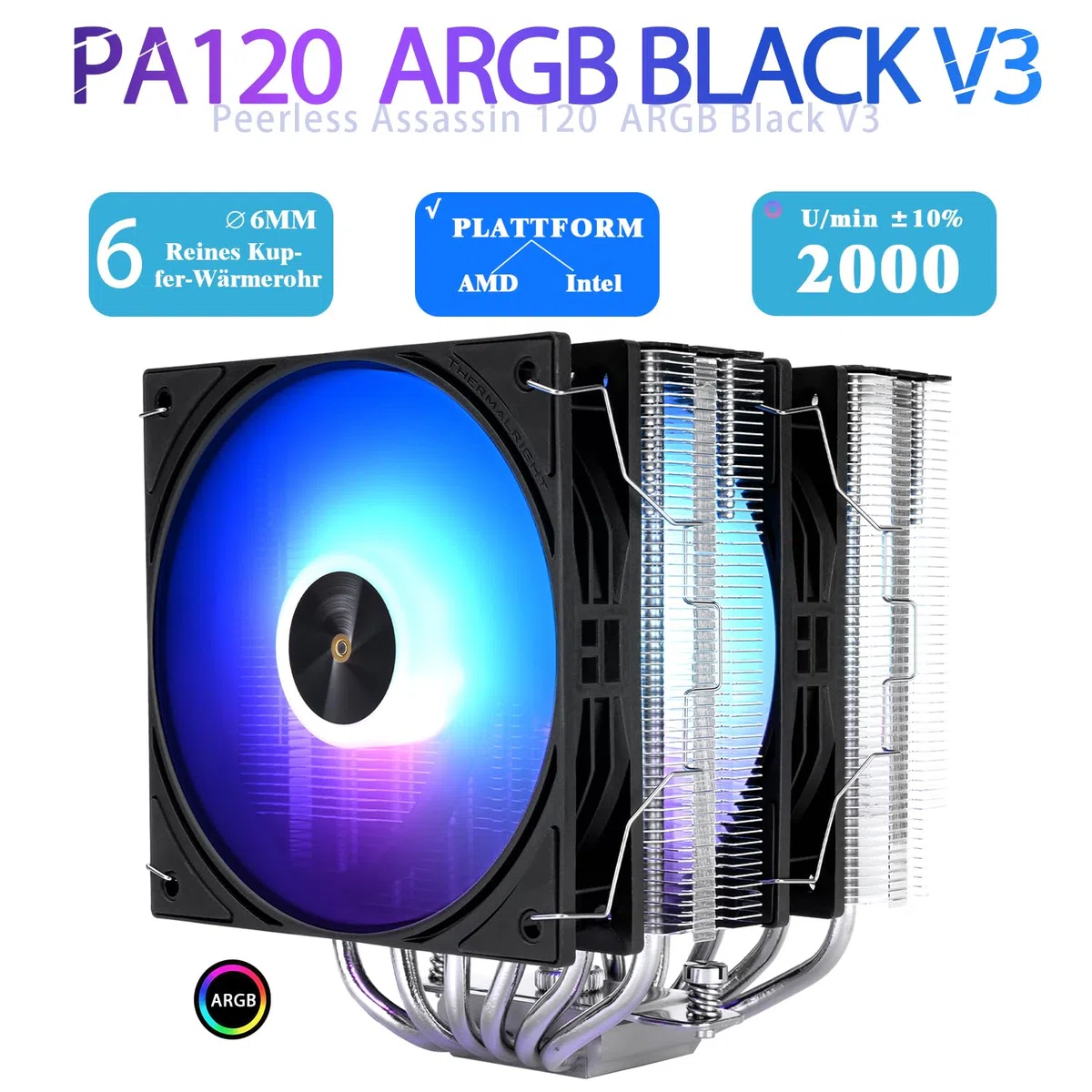 TR-Thermalright Peerless Assassin 120 ARGB Black V3 CPU-Kühler,Doppel-Tower mit 6 Heatpipes Kommt mit schwarzer Top-Abdeckung, zwei 120mm PWM-Lüftern-2000U/min, für AM5/AM4, LGA1851/1700/115x/1200