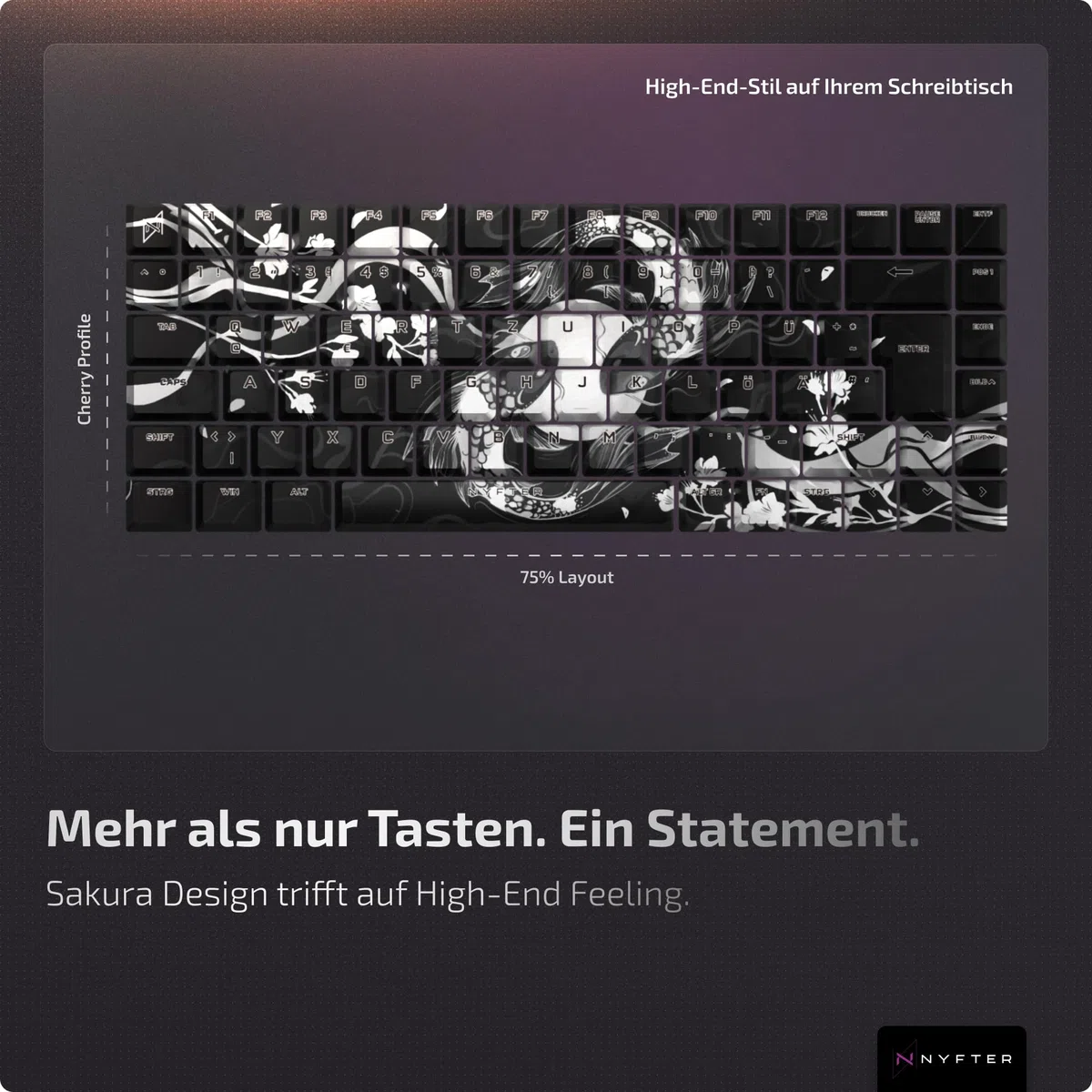 Nyfter - Premium Koi Blossom Keycaps ISO 60% und 75% Custom Keycaps ISO Layout für Mechanische Tastaturen (Black, 75%)