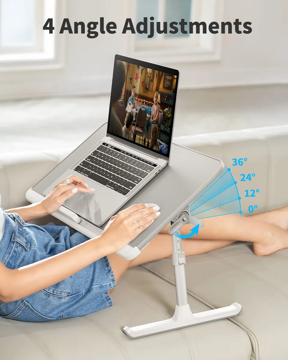 Tisch Bett, SAIJI 100% E0 Eco Holzplatte, Betttisch Höhe Winkel verstellbar, Rodelfüße leicht bewegen, PVC-Leder Desktop, Laptop Tisch für Lesen Essen Sofa Bett Couch