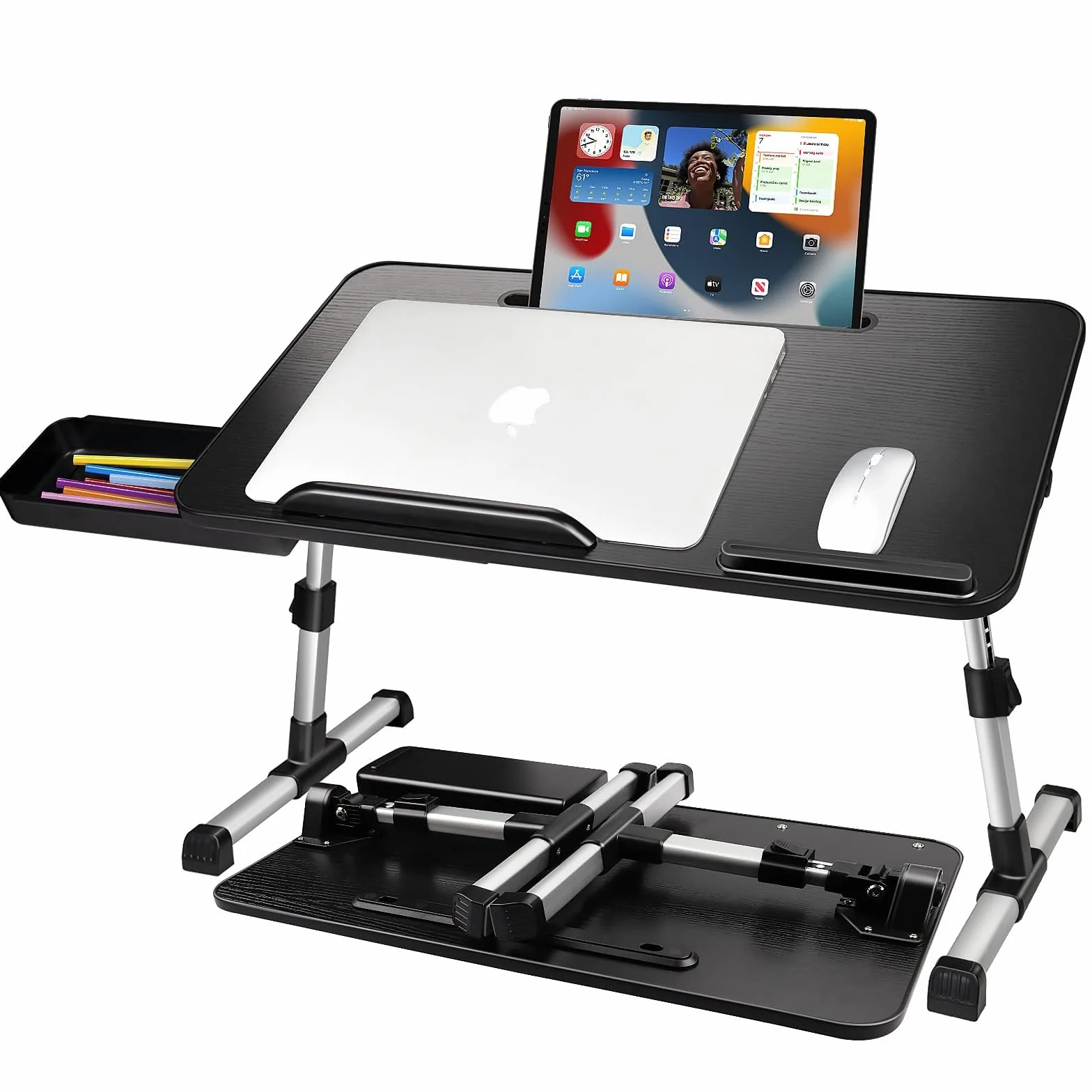 Laptoptisch fürs Bett, Höhenverstellbar, Winkelverstellbar, Betttisch Klappbar mit Schublade, Tablet-Ständer, Laptop Tisch für Bett, Sofa, Couch, Boden (53 x 30 cm, Schwarz)