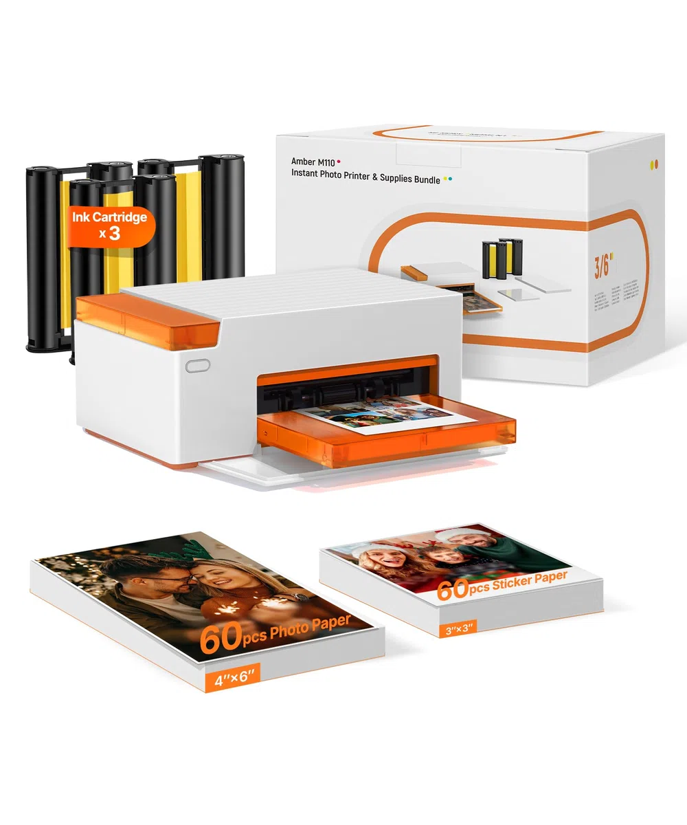 Liene Amber M110 Mini Fotodrucker für Smartphone – inkl. 60 Blatt 10x15 cm Fotopapier + 60 Blatt 7,7 cm selbstklebende Fotos (20+40) + 2 Farbbänder – Thermosublimation, Bluetooth, für iPhone & Android