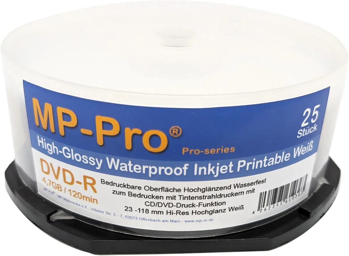 Waterproof High-Glossy DVD-R Rohlinge 4,7 GB Inkjet Printable Nanokeramik Hochglanz Weiß Wasserfest Bedruckbar - 25er Cake Box