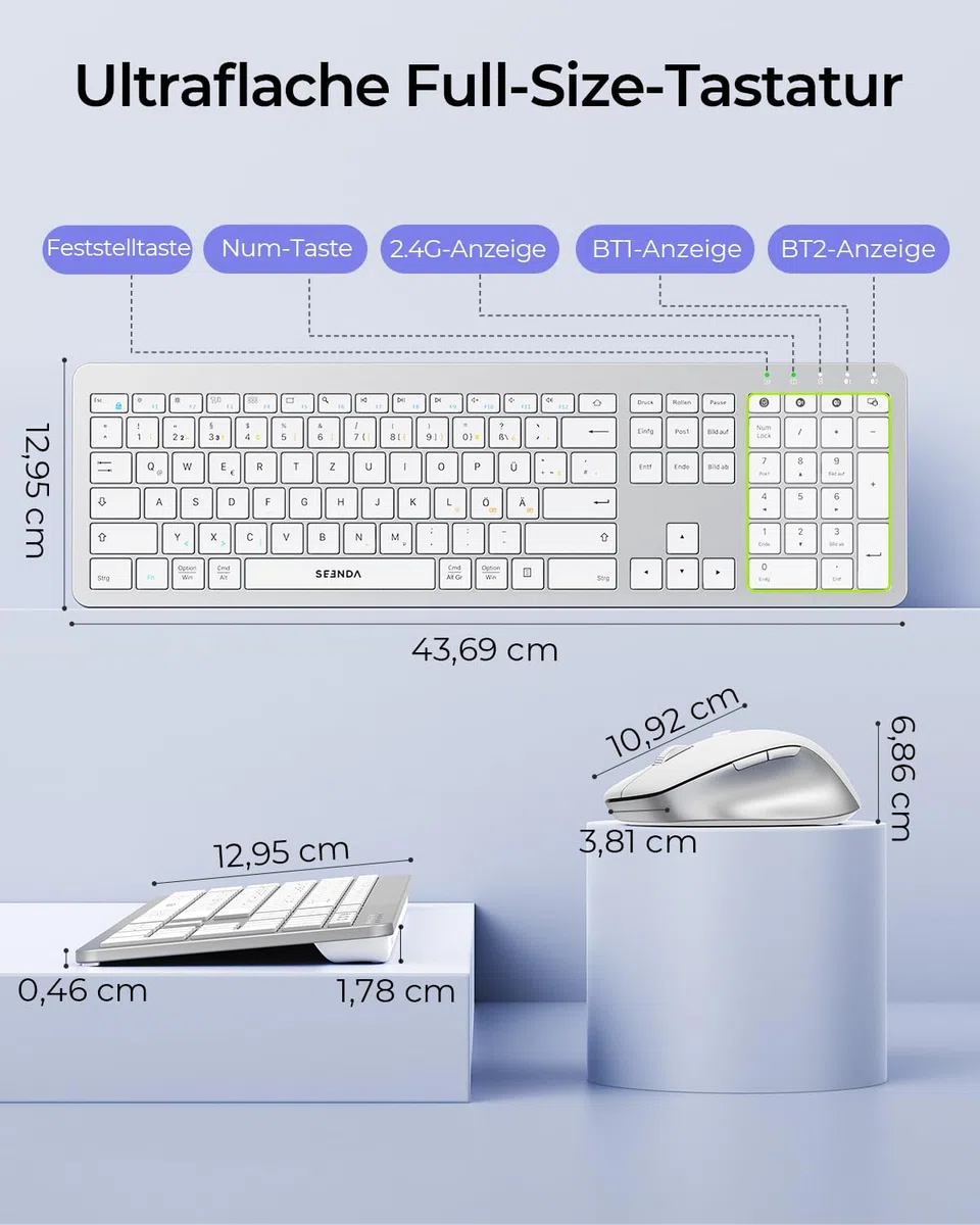 Seenda COE300 Tastatur Maus Set Kabellos, Dual-Bluetooth + 2,4 GHz USB, Ultra-Dünne Bluetooth Tastatur mit Maus für Windows, Mac OS, Laptops, iPads und Tablets, QWERTZ Layout Weiß und Silber
