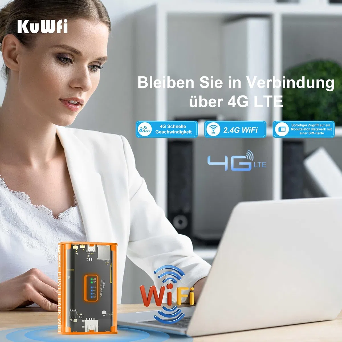 KuWFi Mobiler 4G LTE WLAN Router (4G/LTE bis zu 150Mbit/s Download/ 50Mbit/s Upload,Tragbarer Hotspot, 5200mAh Akku, kompatibel mit Allen europäischen SIM Karten),Plug & Play, für Reisen & Haushalt