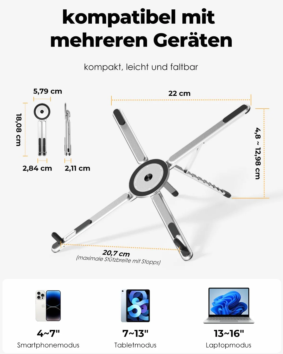 SupeDesk Laptop Ständer tragbar,3-in-1 höhen- und winkelverstellbarer Laptopständer aus leichter Aluminiumlegierung,magnetisch,hochbelüfteter & ergonomischer Laptop Stand für 4-16” Laptop/Tablet/Handy