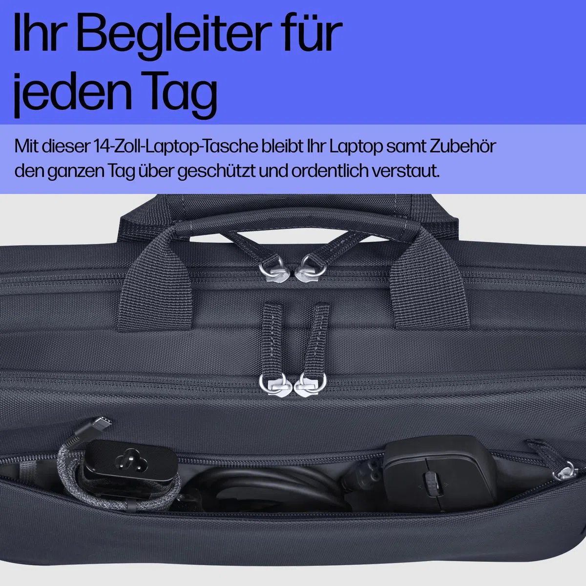 HP Everyday 14 Zoll Laptop-Tasche – Wasserabweisend, Nachhaltig, 9L Stauraum, Gepolstertes Laptopfach, Abnehmbarer Schultergurt, Trolley-Gurt, Schlüsselanhänger, Odyssey Grau