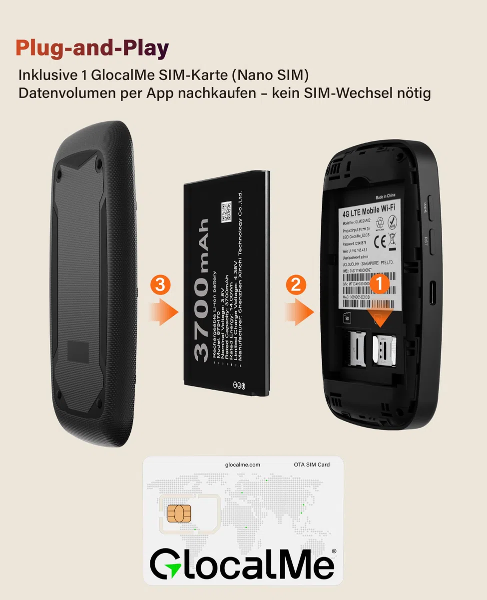 GlocalMe C4 Mobiler WLAN Router,15GB EU-Daten SIM Karte inklusive, Plug & Play, WiFi 6 Mobiler Router, 3700mAh Akku mit 14 Std. Laufzeit, bis zu 8 Geräte, Tragbares WLAN für Unterwegs ohne Vertrag