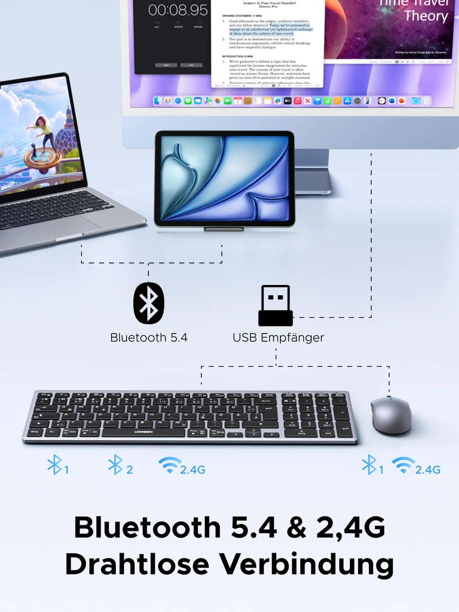 UGREEN Bluetooth Tastatur Maus Set kabellos (Bluetooth+2.4G), Wiederaufladbare Scherentastatur mit Maus 4000 DPI, Ultraslim Tastatur und Funkmaus für Windows/macOS/Linux/Android-QWERTZ Layout