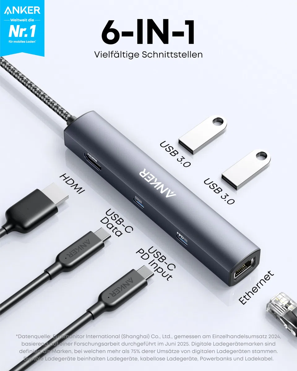 Anker PowerExpand 6-in-1 Ethernet Adapter, PD USB C Hub, 65 PD, 4K HDMI, 1Gbps Ethernet, Daten, 2 USB 3.0 Datenports, kompatibel mit MacBook Pro, MacBook Air, iPad Pro, XPS