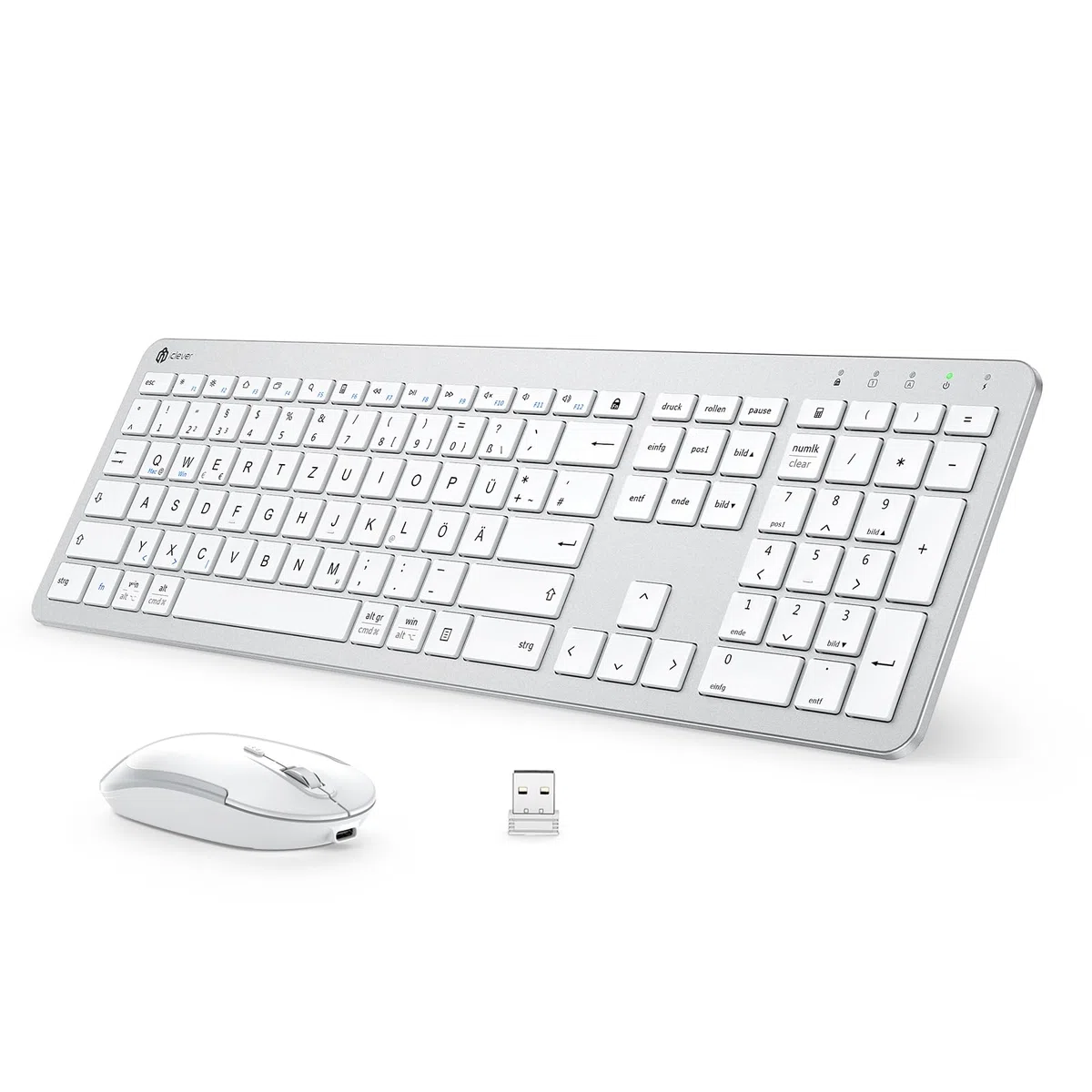 iClever Tastatur Maus Set Kabellos, Wiederaufladbare Kabellose Tastatur und Maus, Deutsch QWERTZ Layout, 2.4 GHz Funk Tastatur mit Maus für PC/Laptop/Smart TV, Weiß