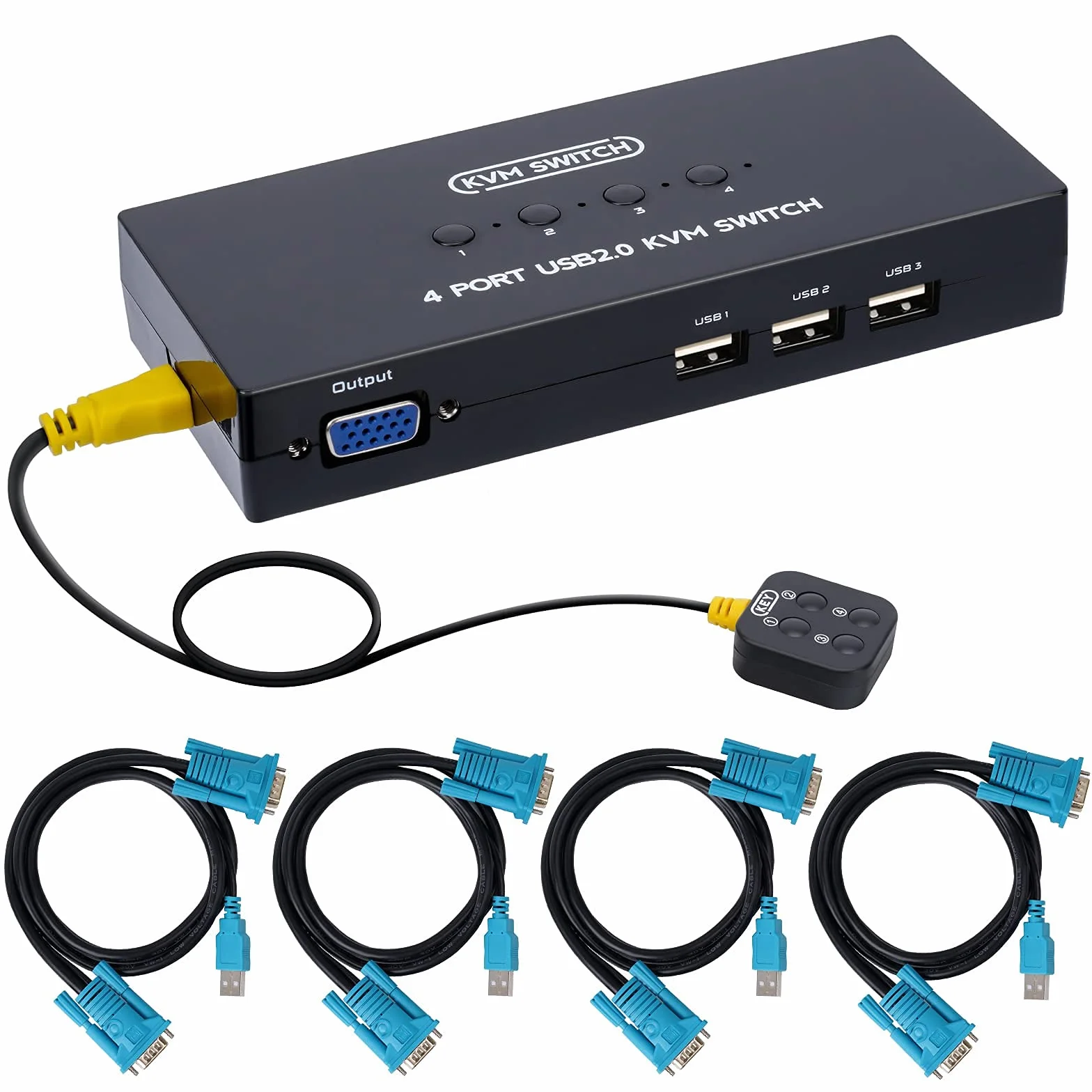 VGA KVM Switch mit 4 KVM Kabeln, 4 Port Umschalter für 4PC Sharing 1 Video Monitor, Tastatur, Maus, Drucker, Scanner