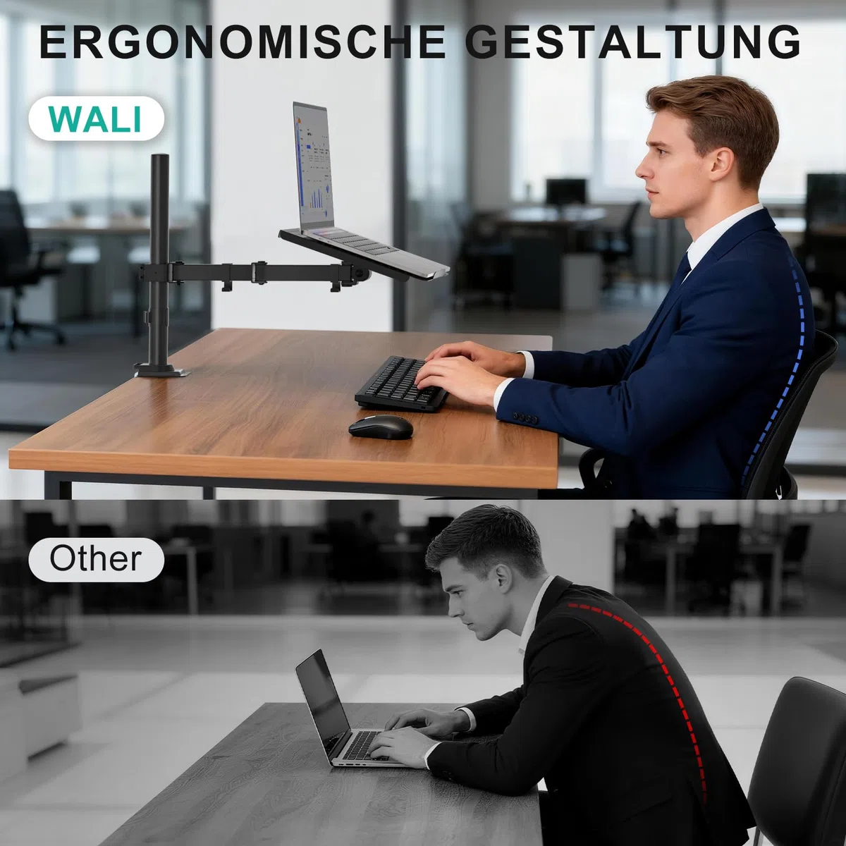 WALI Laptop Halterung für Schreibtisch – Ergonomisch Optimiert, Für 17 Zoll Laptops, Voll Verstellbar mit Belüfteter Kühlplattform, 10 kg Tragkraft (M00LP),Schwarz