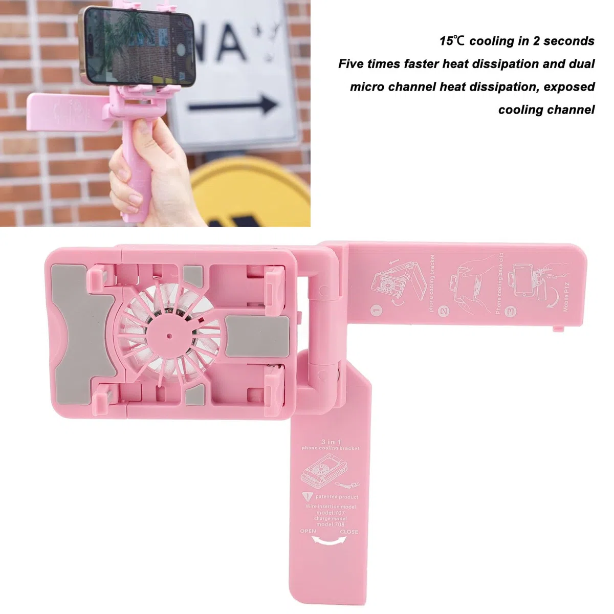 Handy-Kühler, Handy-Kühlerständer mit Verstellbarer Höhe und RGB-Lichtern – Schneller Lüfter für Live-Streaming und Gaming – Kompatibel mit Geräten von 62 Mm Bis 80 Mm (Rosa)