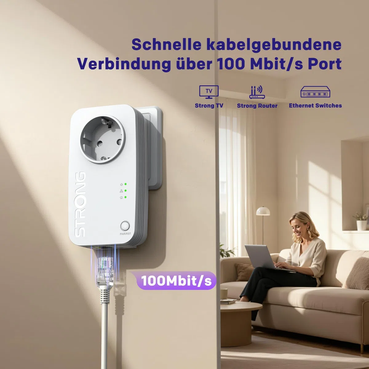 STRONG AV600 Mbit/s Powerline Adapter Setmit Steckdose, HomePlug AV2 Powerline Internet Verstärker, Plug & Play, EIN Knopf Sicherheit, Energiesparmodus, 100 Mbit/s LAN Ports, ideal für TV, PC