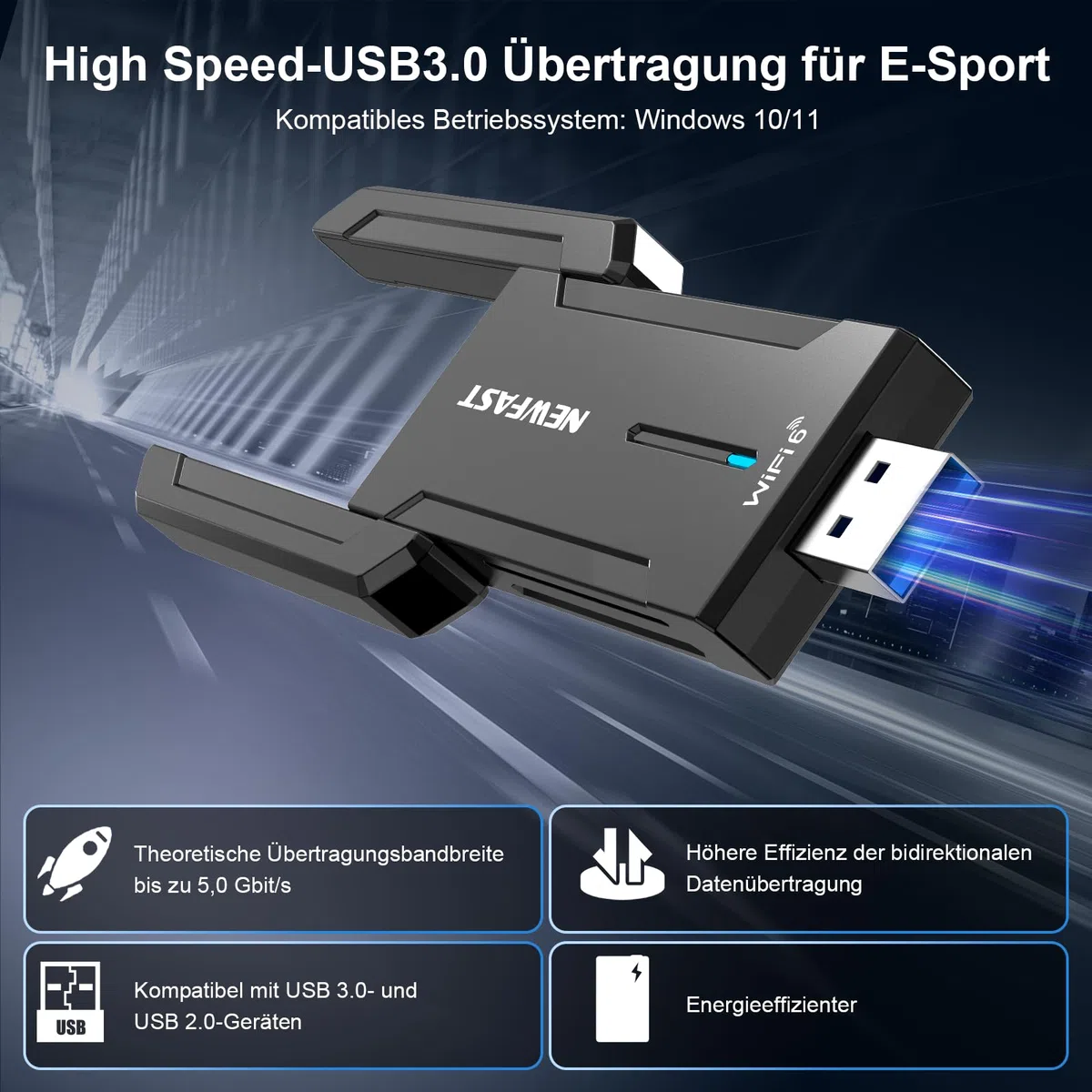 NEWFAST 5400Mbps USB WLAN Stick for PC,Tri-Band (6GHz/5GHz/2.4GHz) WiFi Adapter Mit 2 * 5dBi High Gain Antennens,WiFi 6E Wireless Adapter,USB 3.0,MU-MIMO WPA3 Encryption,Only for Windows 10/11