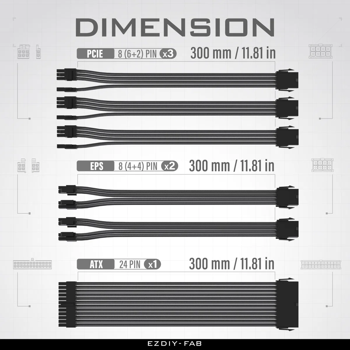 EZDIY-FAB PSU Kabelverlängerung Ummantelt Custom Mod GPU PC Netzteil Weiches Nylongeflecht mit Kamm Kit 24PIN/3x 8PIN bis 6+2Pin/ 2X 8PIN bis 4+4PIN-300MM/11.8in-Schwarz