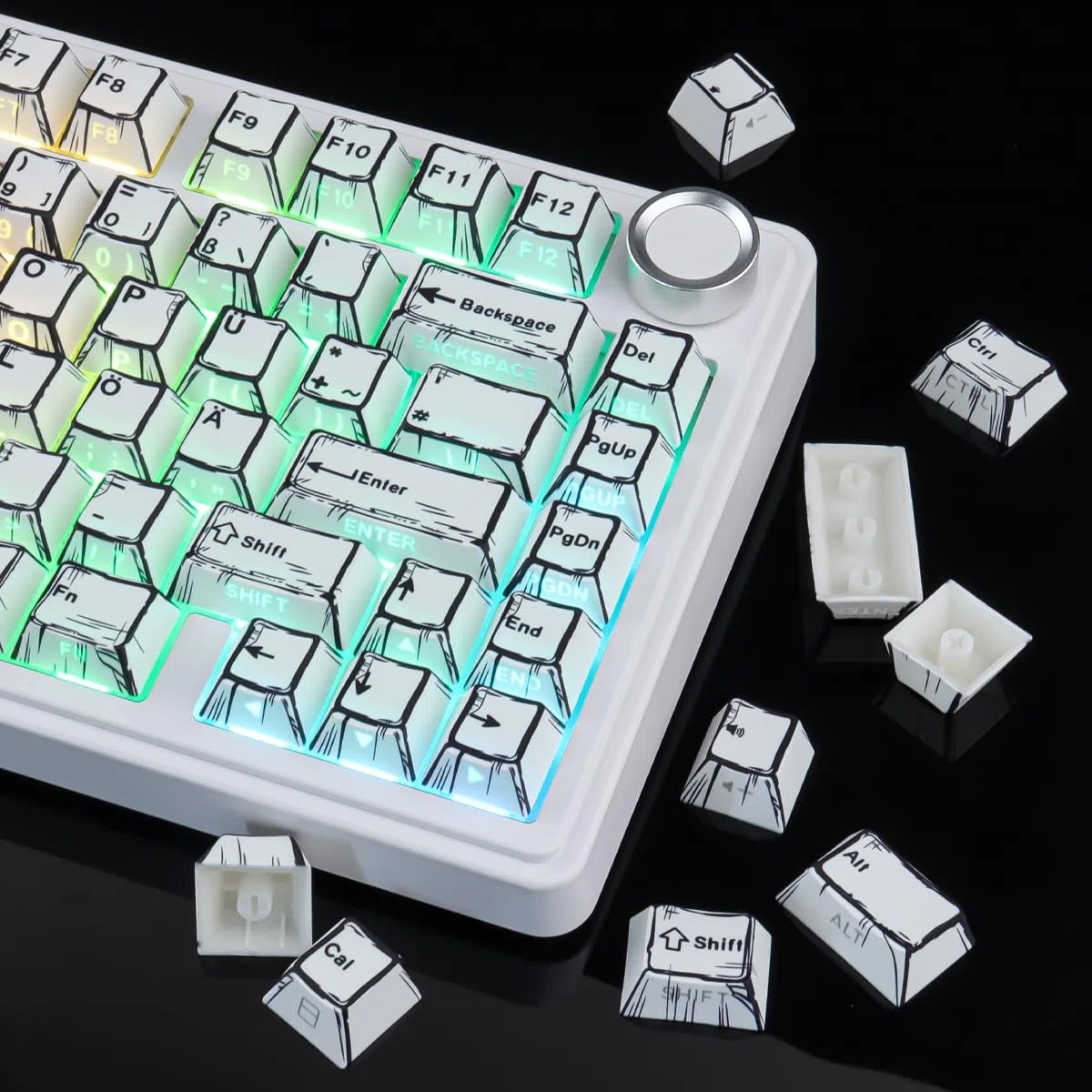 PBT German Keycaps, 133 Keys Manga White Keycap, Retro Style Side Printed Shine Through Dye Sub Keycap for Cherry MX Switch ISO QWERTZ Layout Mechanical Keyboards