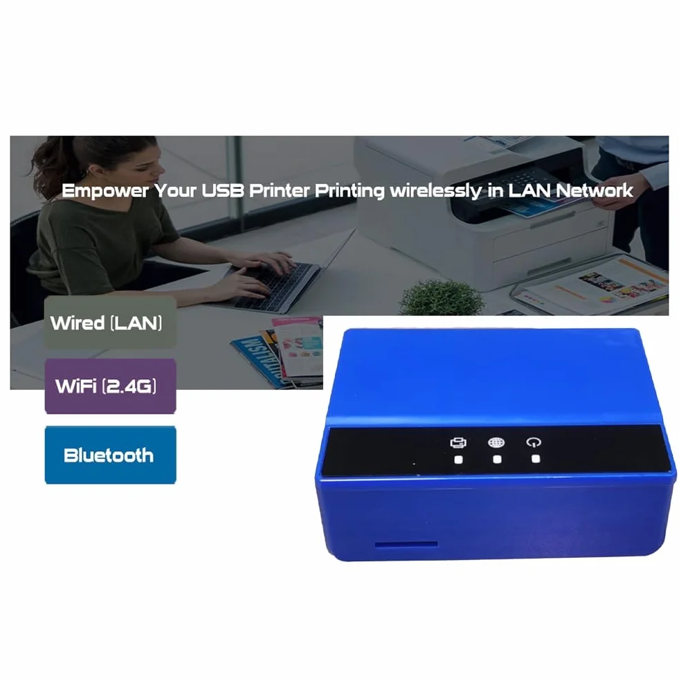 ISTOVO WiFi-Ethernet-Bluetooth-Druckserver, Verwandeln Sie Ihren USB-Drucker in Einen Kabellosen Drucker. EU-STECKER