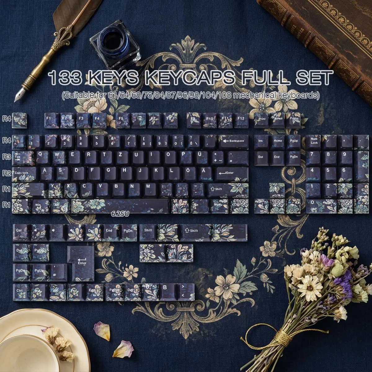 PBT German Keycaps, 133 Keys Faint Fragrance Double Shot Keycaps Dye-Sub Cherry Profile Side Printed Shine Through Keycap for Cherry MX Switch ISO QWERTZ Layout Mechanical Keyboards