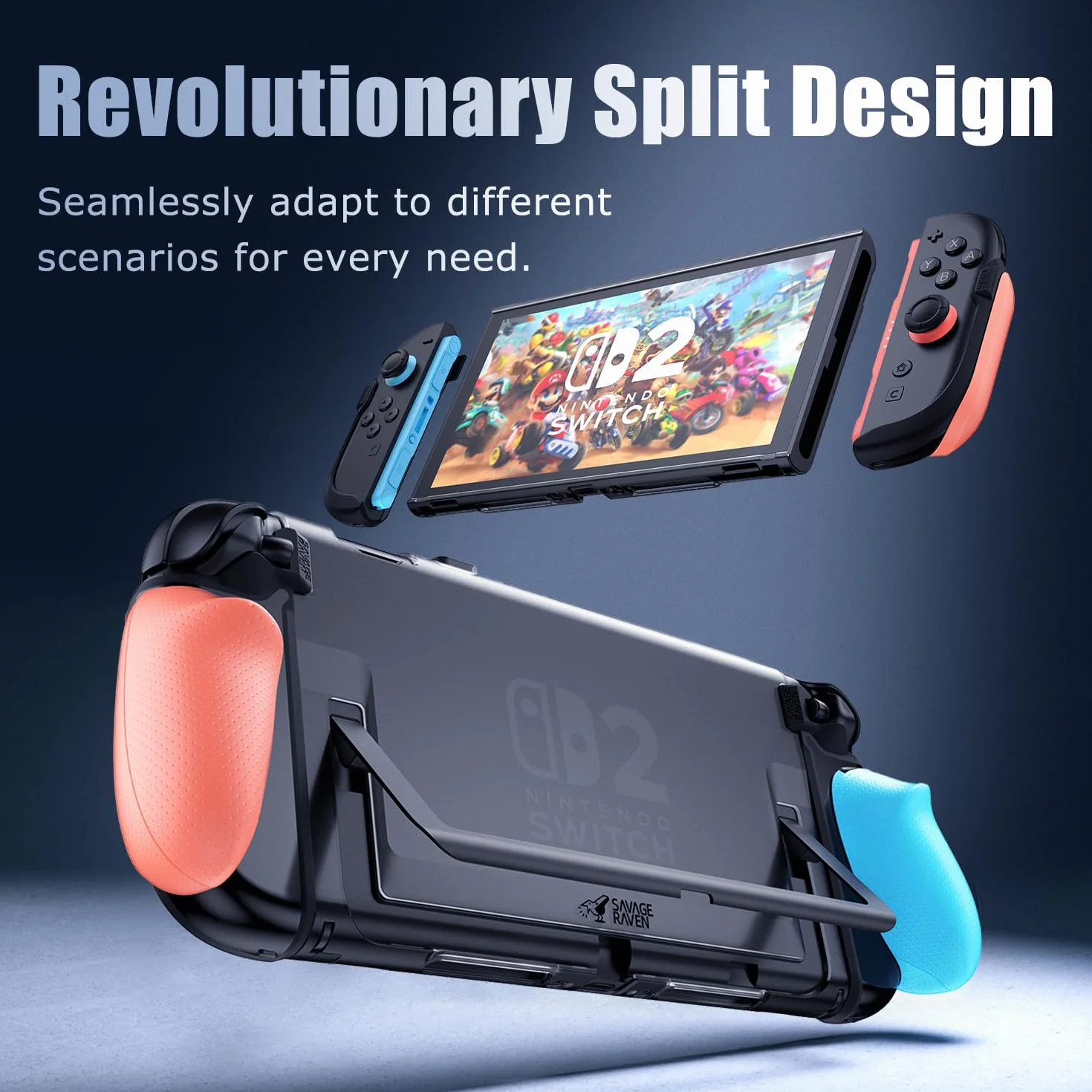 Savage Raven by Skull & Co. FissionGrip Bundle (Carrying Case Included): Dockable Split Protective Case for Nintendo Switch 2 (2025), Slim PC Shell with Detachable Grip Cover-Black
