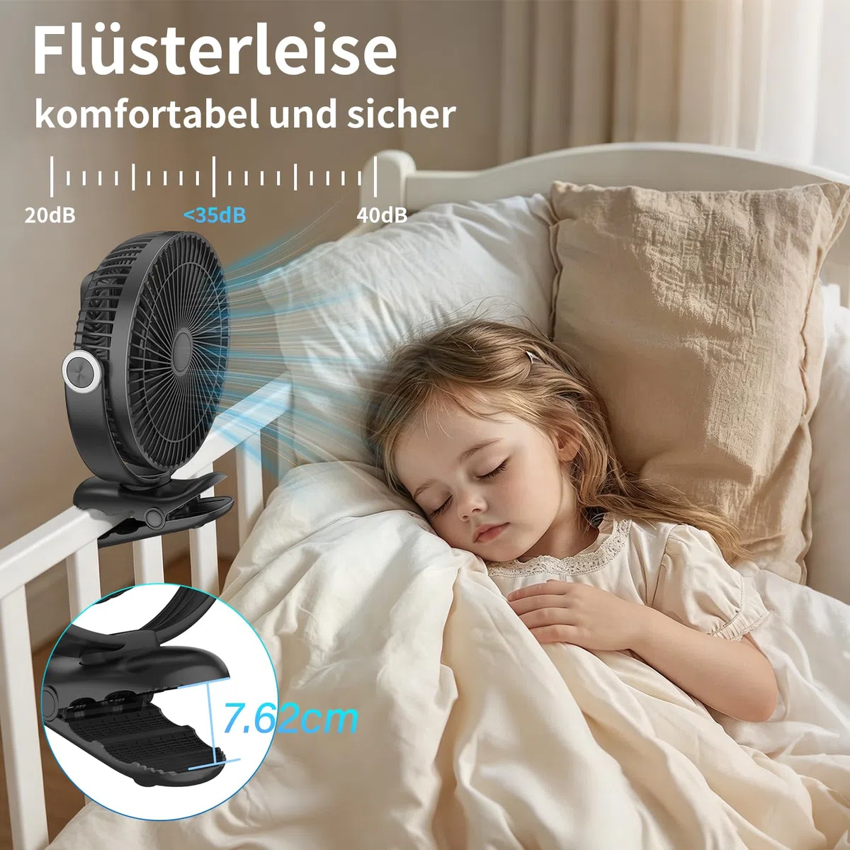 20cm Tragbarer Clip-On-Ventilator, 10000mAh Akku-Ventilator mit Clip für Kinderwagen, 720 Grad Drehung, 4 Geschwindigkeiten, USB-Tischventilator für Büro, Reisen im Freien, Camping(Schwarz)