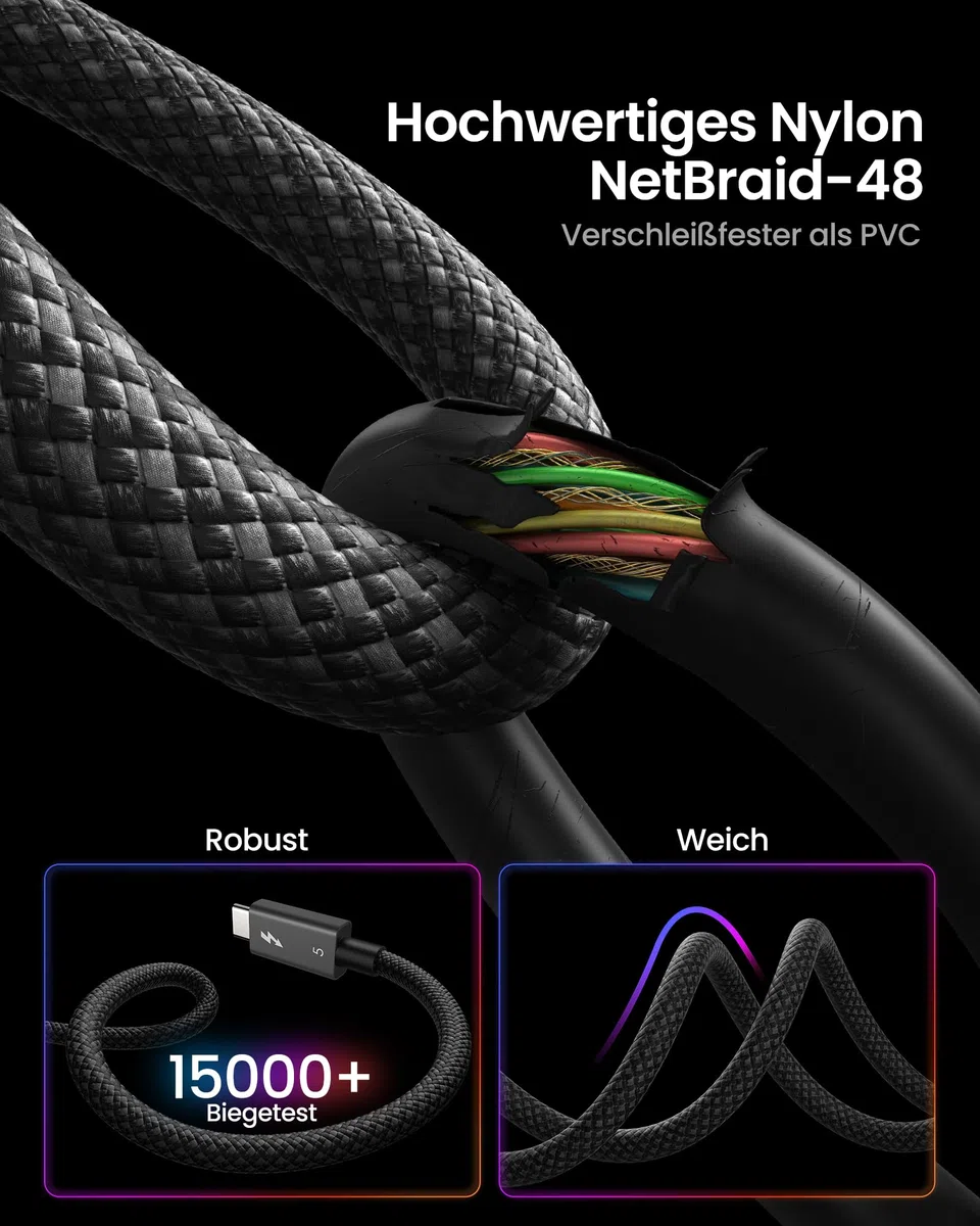 Silkland Intel-Zertifiziert 80Gbps Thunderbolt 5 Kabel 1M Prime Geflochten, bis zu 120Gbps mit Bandwidth Boost, Dual 8K/6K, 240W Schnellladen, Kompatibel mit Thunderbolt 4/3, USB4, MacBook M4 Pro, SSD