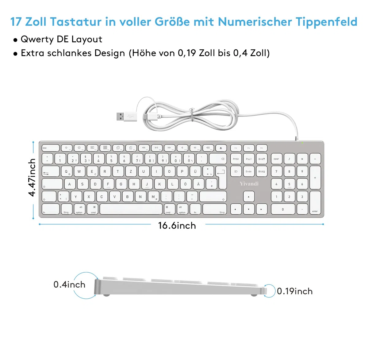 Kabelgebundene Tastatur mit Ziffernblock für Apple Mac OS, Eleganter Vollaluminiumrahmen, Deutsches QWERTZ-Layout, Plug-it-Play USB Tastatur für iMac/Mac mini/MacBook