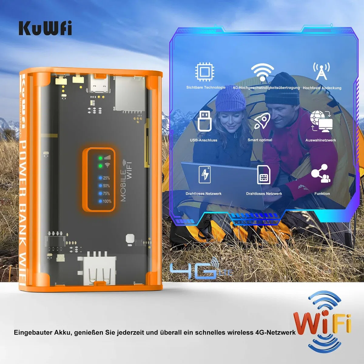 KuWFi Mobiler 4G LTE WLAN Router (4G/LTE bis zu 150Mbit/s Download/ 50Mbit/s Upload,Tragbarer Hotspot, 5200mAh Akku, kompatibel mit Allen europäischen SIM Karten),Plug & Play, für Reisen & Haushalt
