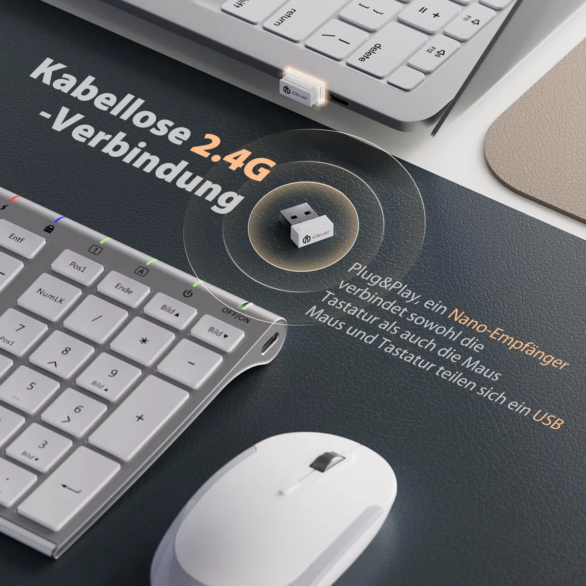 Tastatur Maus Set Kabellos, iClever Kabellose Tastatur und Maus, Wiederaufladbare, Deutsche QWERTZ Layout Funktastatur für Computer/Desktop/PC/Laptop/Windows 10/8/7, Weiß und Silber