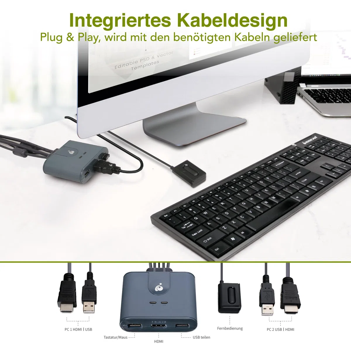 IOGEAR HDMI KVM Switch 2 PC 1 Monitor 1080@60Hz Full HD für Maus, Tastatur, Drucker mit USB/HDMI-Kabel und Fernbedienung, Plug n Play, kompatibel mit Win11/10, Mac