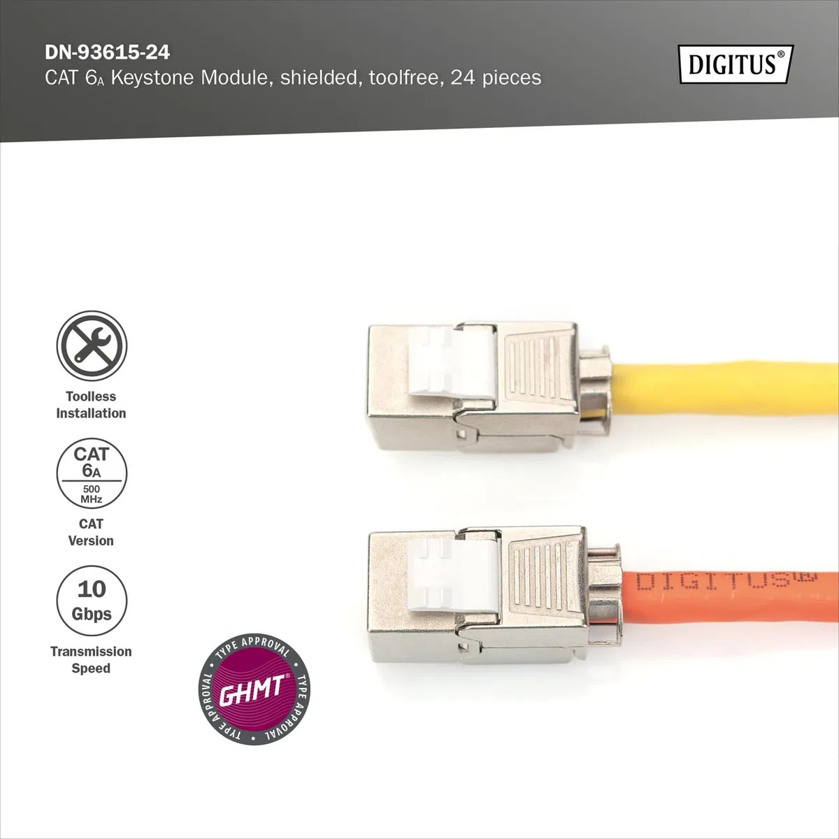 DIGITUS Keystone-Modul Cat 6A – 24 Stück – Geschirmt – 500 MHz 10Base-T | Werkzeugfrei – LSA – PoE++ – AWG 26-22 – RJ45 Buchse – 10 Gbit/s – Für Anschlussdosen und Patchfelder