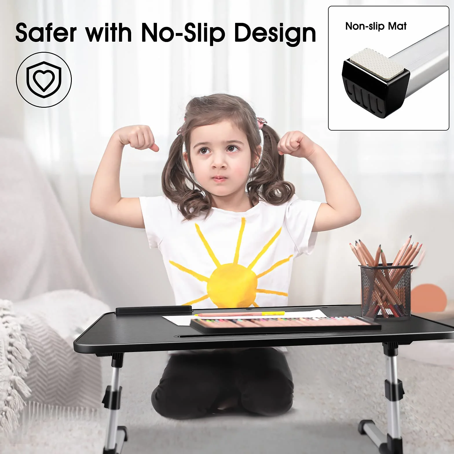 Laptoptisch fürs Bett, Höhenverstellbar, Winkelverstellbar, Betttisch Klappbar mit Schublade, Tablet-Ständer, Laptop Tisch für Bett, Sofa, Couch, Boden (53 x 30 cm, Schwarz)